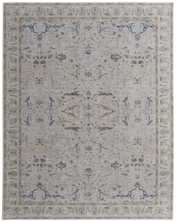 Feizy Pasha Ikat rug in ivory, blue, and taupe. Transitional style with a detailed, symmetrical pattern and border. Design-Rectangle