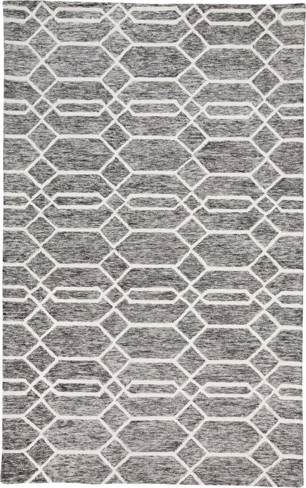 Close-up of Feizy Belfort Gray/Black/Ivory Area Rug. Hand-tufted wool rug with a transitional trellis and lattice pattern. Design-Rectangle