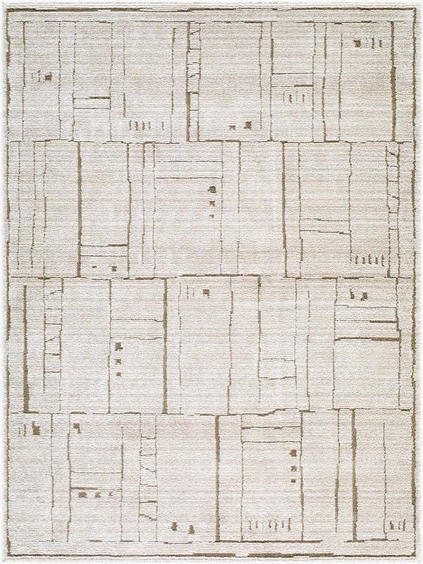 Close-up of Alma Machine Woven Elle Decor x LIVABLISS EDAL-2300 Area Rug with a taupe and dark brown geometric design. Design-Rectangle-537