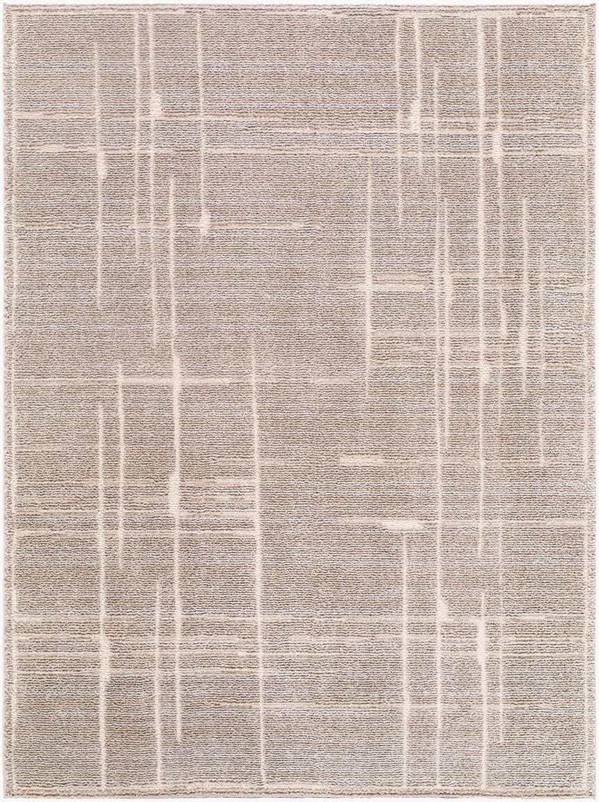 Close-up of Alma Machine Woven Elle Decor x LIVABLISS EDAL-2304 Area Rug. Medium brown with taupe geometric line pattern. Design-Rectangle-537