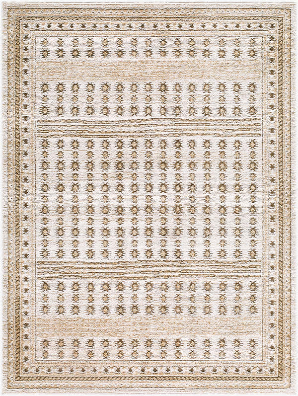 Close-up of the Hedwig Area Rug. Farmhouse style rug in dark brown, ivory, olive, tan, and taupe colors. Design-Rectangle-537