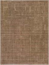 Close-up of the Kathan Area Rug. Dark brown rug with a subtle, contemporary geometric pattern. Machine woven texture. Design-Rectangle-537