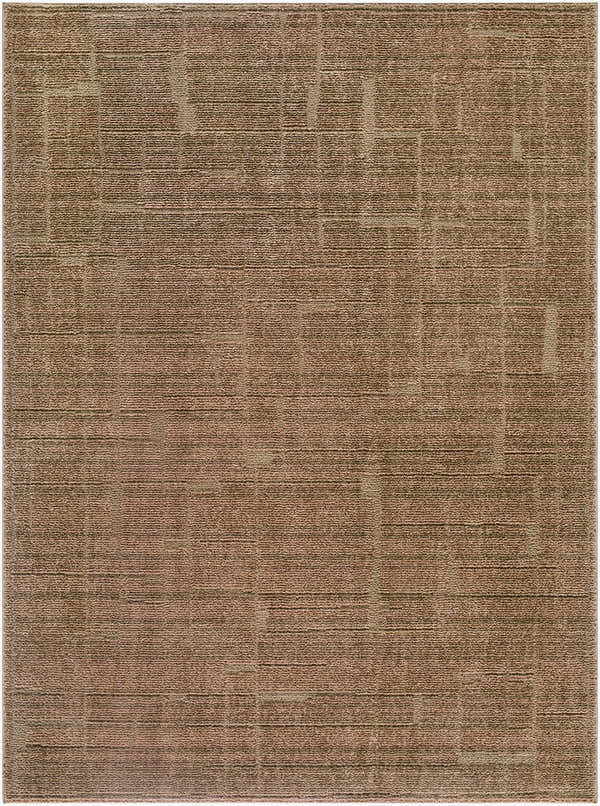 Close-up of the Kathan Area Rug. Dark brown rug with a subtle, contemporary geometric pattern. Machine woven texture. Design-Rectangle-537