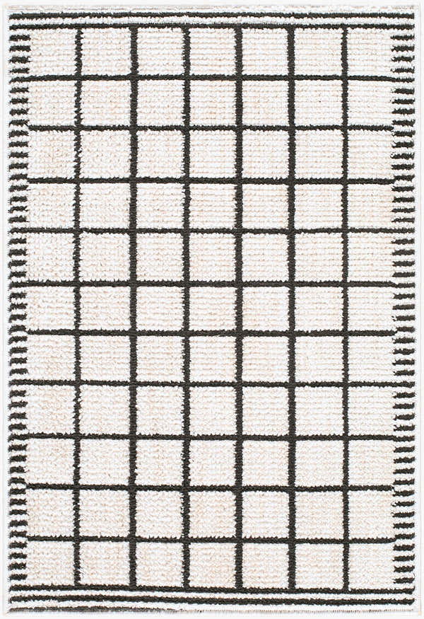 Close-up of the Odeon Elle Decor x LIVABLISS EDOD-2301 Area Rug. Black grid pattern on cream, textured polyester. Design-Rectangle-221