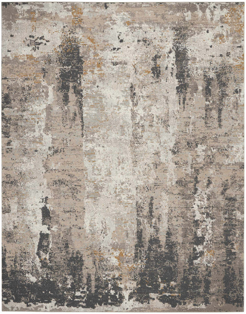Close-up of the Nourison Tangra Cream Grey rug. Modern design with cream, gray, and hints of gold. Abstract pattern.