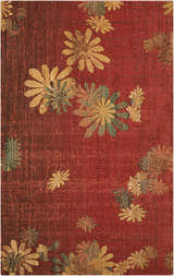 Close-up of Nourison Radiant Impression Flame rug. Red wool rug with gold and green floral pattern.