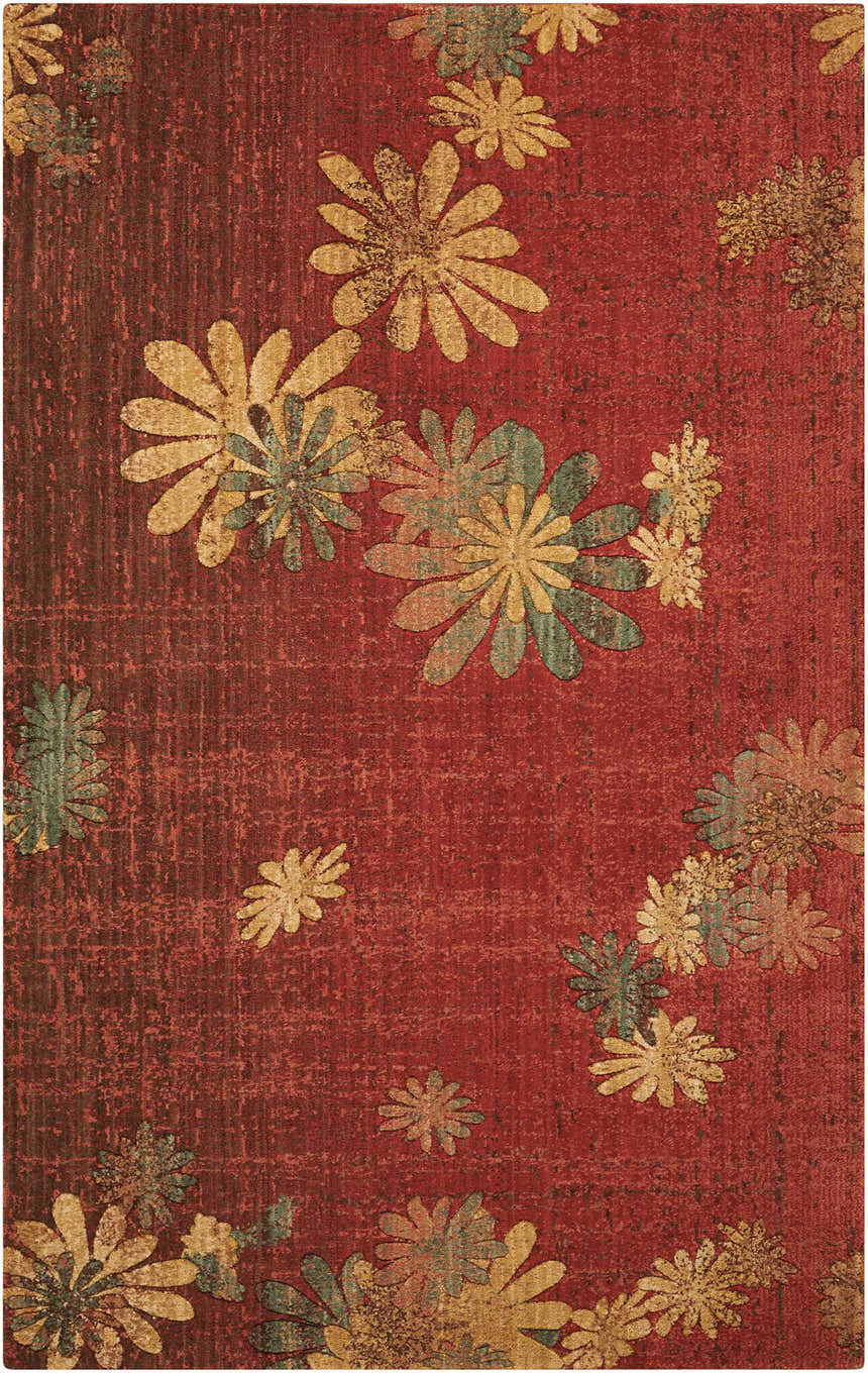 Close-up of Nourison Radiant Impression Flame rug. Red wool rug with gold and green floral pattern.