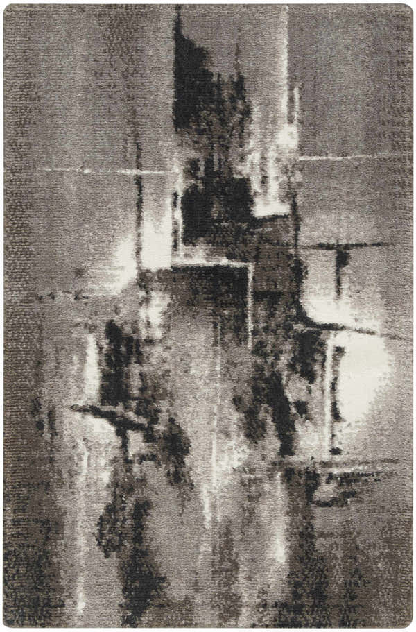 Close-up of Nourison Twilight Grey Ivory Black rug featuring an abstract mid-century modern design.