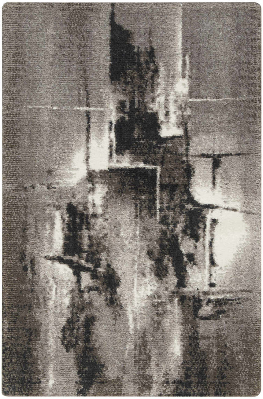 Close-up of Nourison Twilight Grey Ivory Black rug featuring an abstract mid-century modern design.