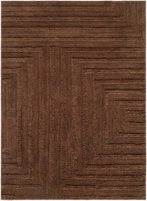 Close-up of the Lokesh Washable Area Rug in chestnut. Hand woven wool rug with a contemporary geometric pattern. Design-Rectangle
