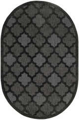 Close-up of the oval Nourison Easy Care Charcoal Black rug featuring a taupe quatrefoil pattern.