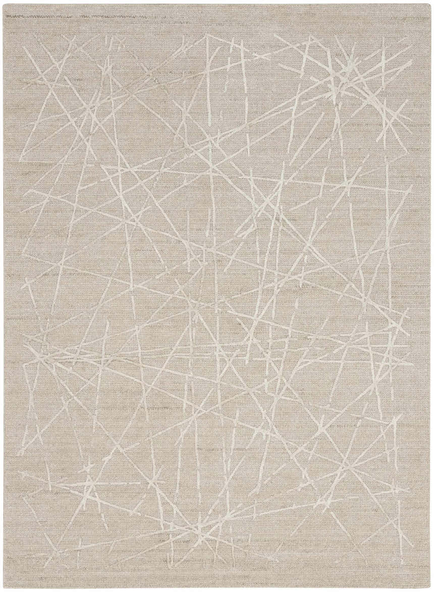 Close-up of the Calvin Klein CK044 Wander Taupe rug. Features a modern, abstract ivory line pattern on a taupe wool blend.