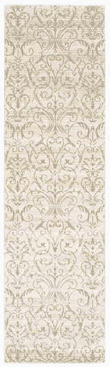 Close-up of the Nourison Luminance Opal Vintage rug, showcasing its delicate damask pattern and soft neutral tones.