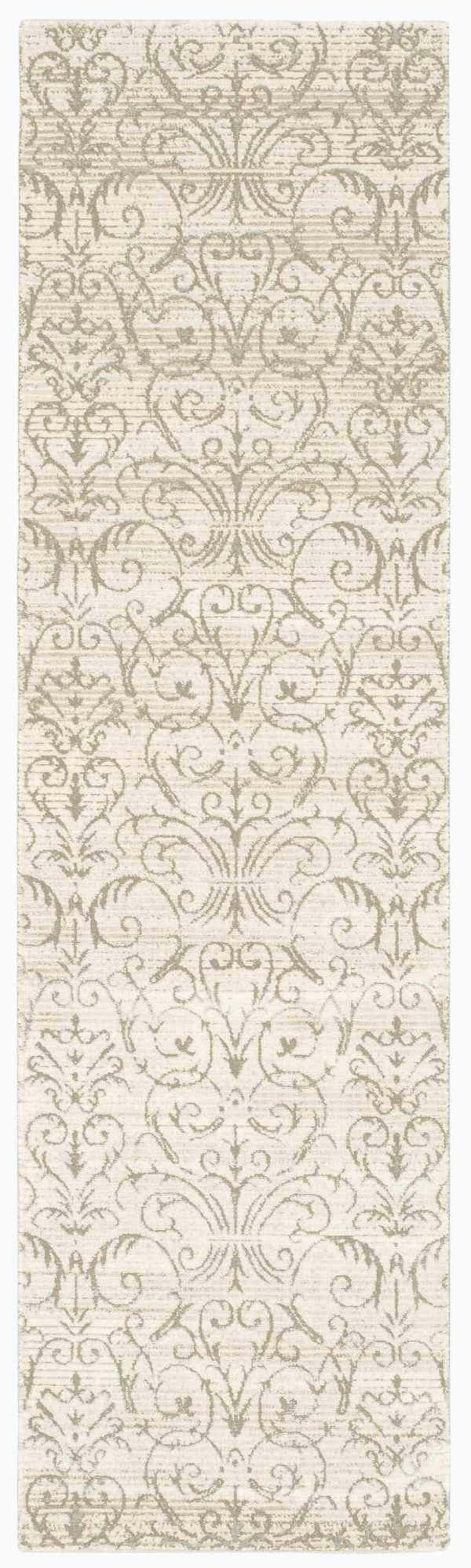 Close-up of the Nourison Luminance Opal Vintage rug, showcasing its delicate damask pattern and soft neutral tones.