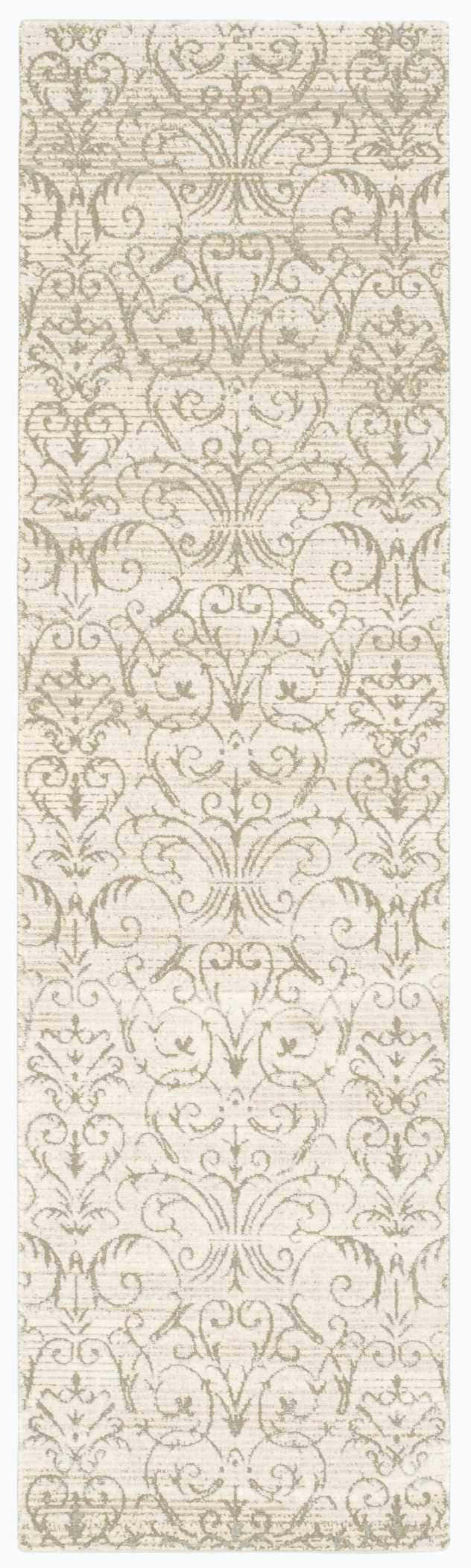Close-up of the Nourison Luminance Opal Vintage rug, showcasing its delicate damask pattern and soft neutral tones.