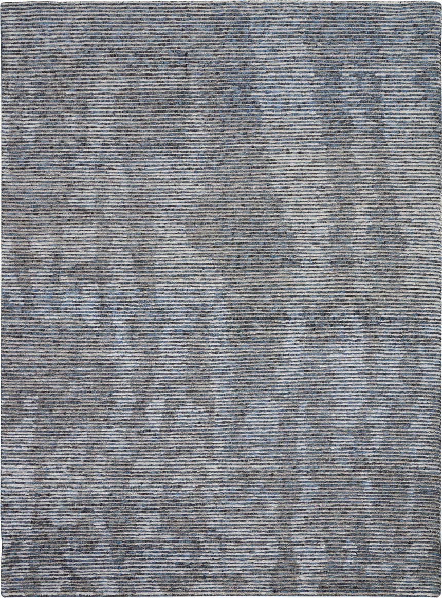 Close-up of the handmade Nourison Ellora Slate area rug with a horizontal striped pattern in taupe and blue.