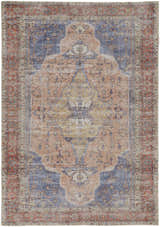 Feizy Percy Transitional rug in red, tan, and blue. Medallion pattern with a vintage, distressed look. Design-Rectangle