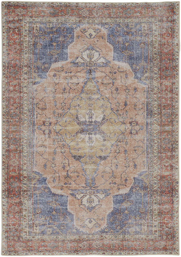 Feizy Percy Transitional rug in red, tan, and blue. Medallion pattern with a vintage, distressed look. Design-Rectangle