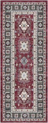Close-up of the Nourison Fulton Red Vintage Indoor Area Rug, featuring geometric patterns and floral accents.