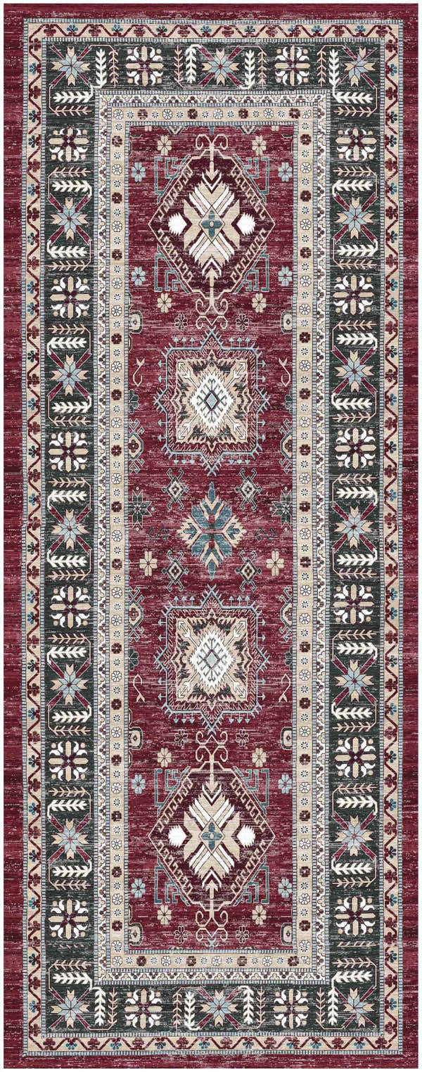 Close-up of the Nourison Fulton Red Vintage Indoor Area Rug, featuring geometric patterns and floral accents.