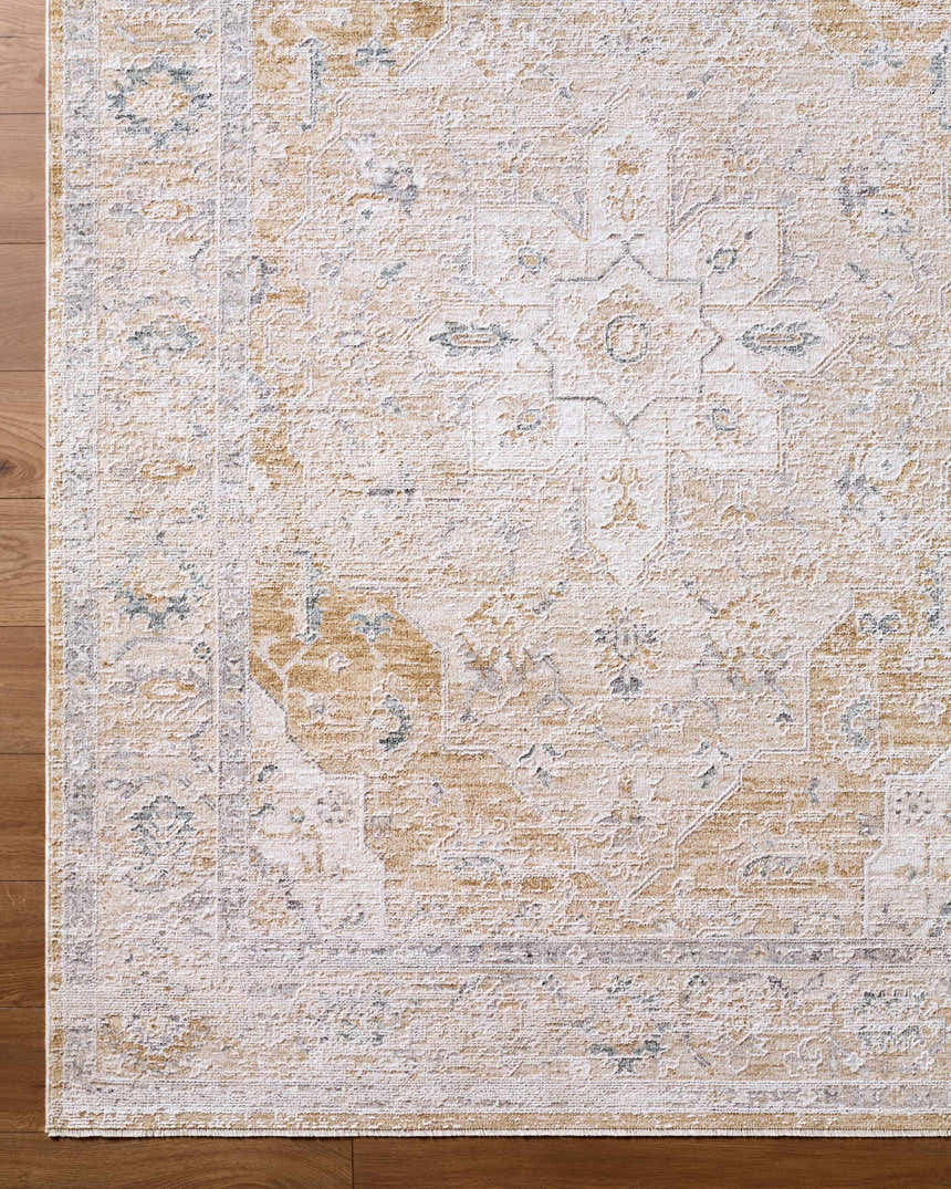Close-up of the Rhody Luxe Rug showing its light silver, sterling gray, and tan traditional pattern and soft texture. Corner