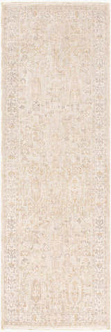 Detailed Rafee Tan Luxe Area Rug. Cream, ivory, tan and gray farmhouse rug with traditional geometric patterns. Design-Runner-27710