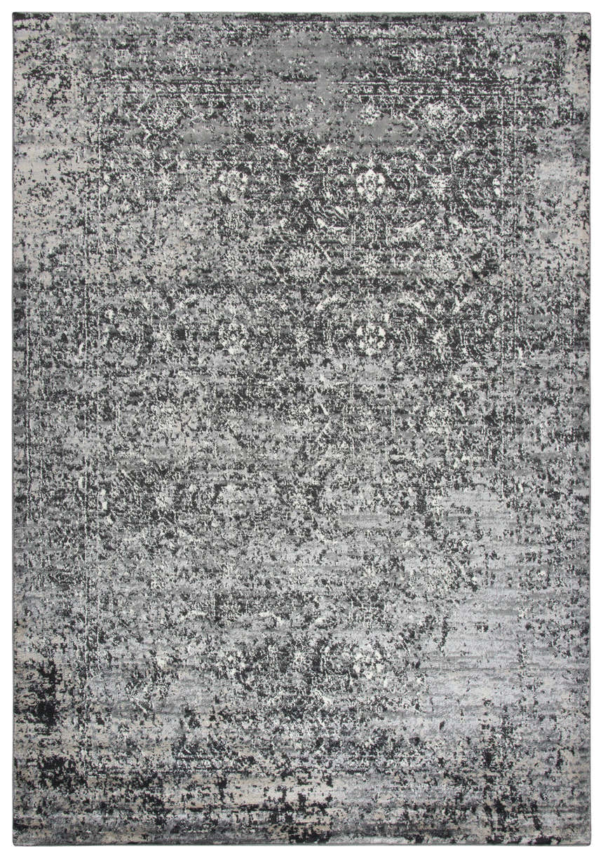 Close-up of the Rizzy EN7272 area rug featuring a distressed black, ivory, and light gray farmhouse design. Design-Rectangle
