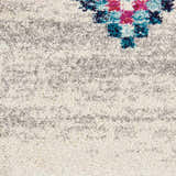Close-up of the Nourison Nomad Cream Grey Tribal Rug, showing texture and tribal pattern with pink and teal accents.