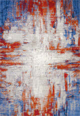 Close-up of the Nourison Twilight Ivory Multicolor rug, featuring an abstract chestnut, blue, and ivory pattern.