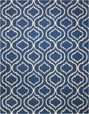 Close-up of the Nourison Linear Navy Moroccan Indoor Area Rug, showcasing its blue and cream geometric pattern.