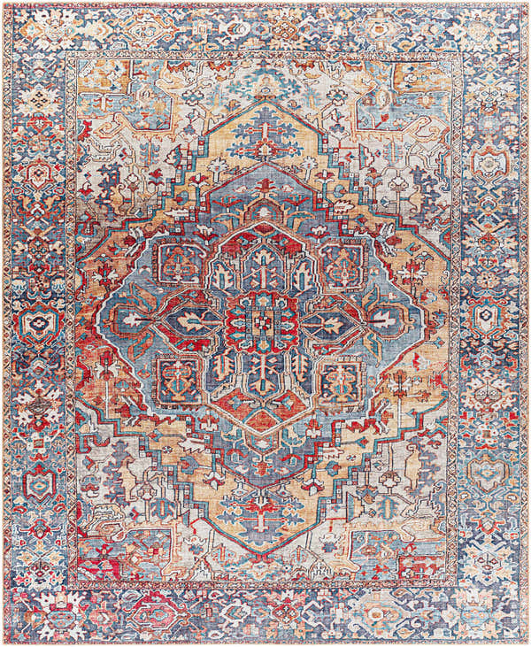 Detailed view of a Neyland Iris Area Rug, showcasing its beige, brick red, blue, and cream oriental pattern. Design-Rectangle-7696