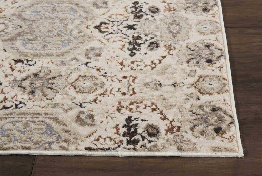 Close up of the Nourison Silver Screen Grey Slate Persian Rug showing its intricate pattern and soft texture.