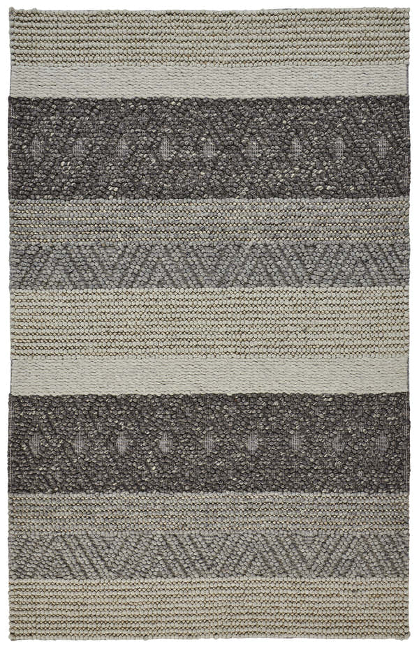 Close-up of Feizy Berkeley Transitional Stripes Area Rug; gray, taupe, and tan wool with a casual, farmhouse-style striped design. Design-Rectangle