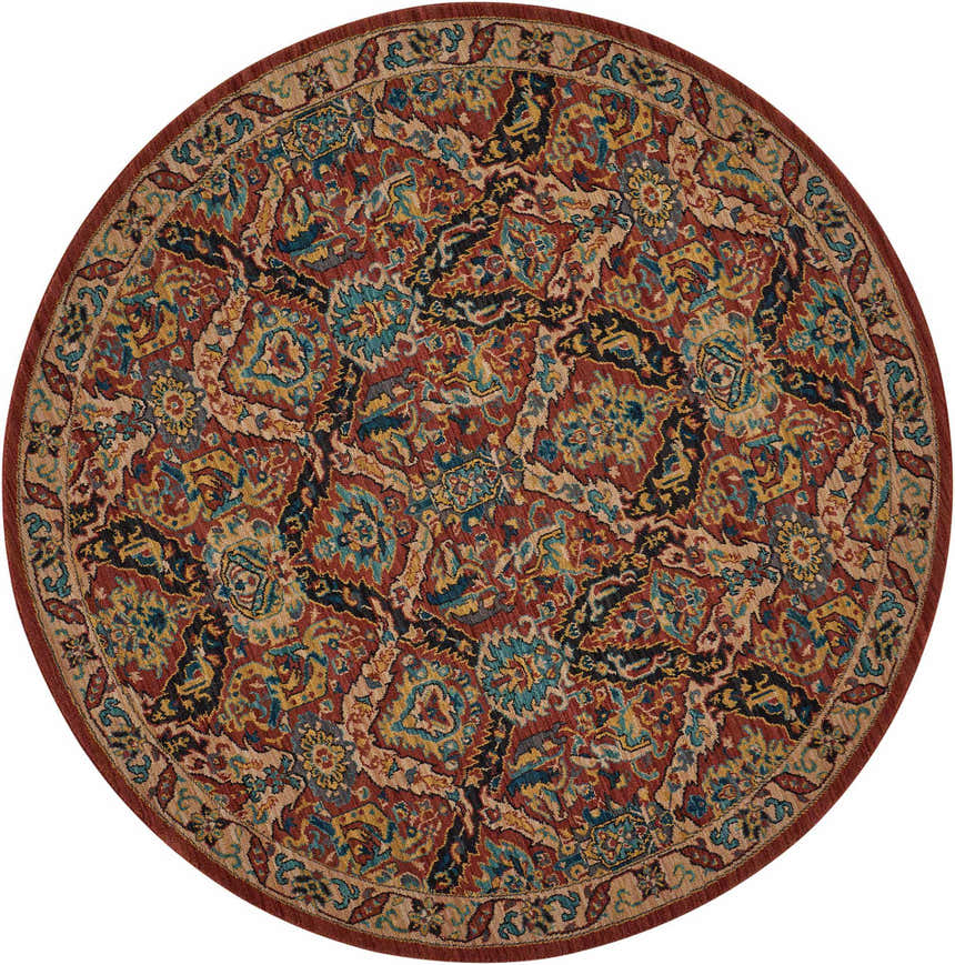 Round Nourison 2020 Terracotta rug with a traditional floral pattern in burnt orange, blue, gold, and black.