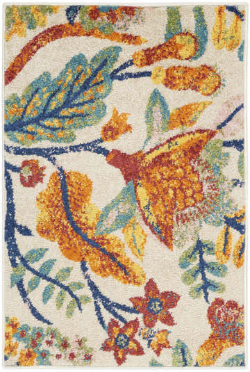 Close-up of Nourison Allur Ivory Multicolor rug. Features a floral pattern with chestnut, blue, and yellow hues.