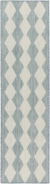 Close-up of Nourison Positano Aqua rug showing geometric diamond pattern in cream and aqua. Machine-made texture detail.