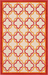 Close-up of Nourison Aloha Red Outdoor Area Rug with red and orange quatrefoil pattern on a cream background.