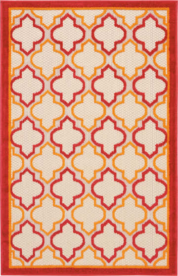 Close-up of Nourison Aloha Red Outdoor Area Rug with red and orange quatrefoil pattern on a cream background.