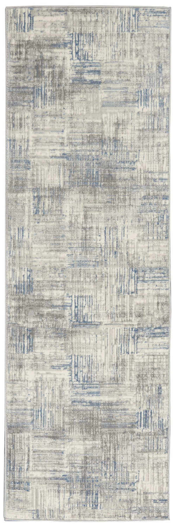 Close-up of Nourison Solace Ivory Grey Blue rug. Abstract, modern design with high pile texture. Machine-made rectangle shape.