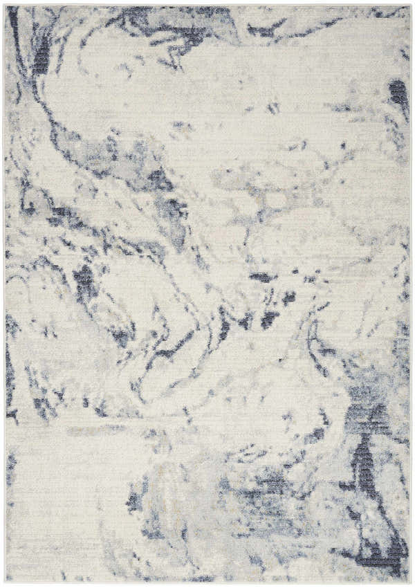 Close-up of the Nourison Motion Ivory Blue rug, showcasing its abstract, marbled pattern and low pile texture.