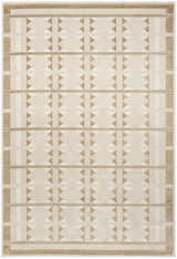 Close-up of Nourison Nordic Taupe rug. Modern ivory rug with geometric diamond and triangle pattern.
