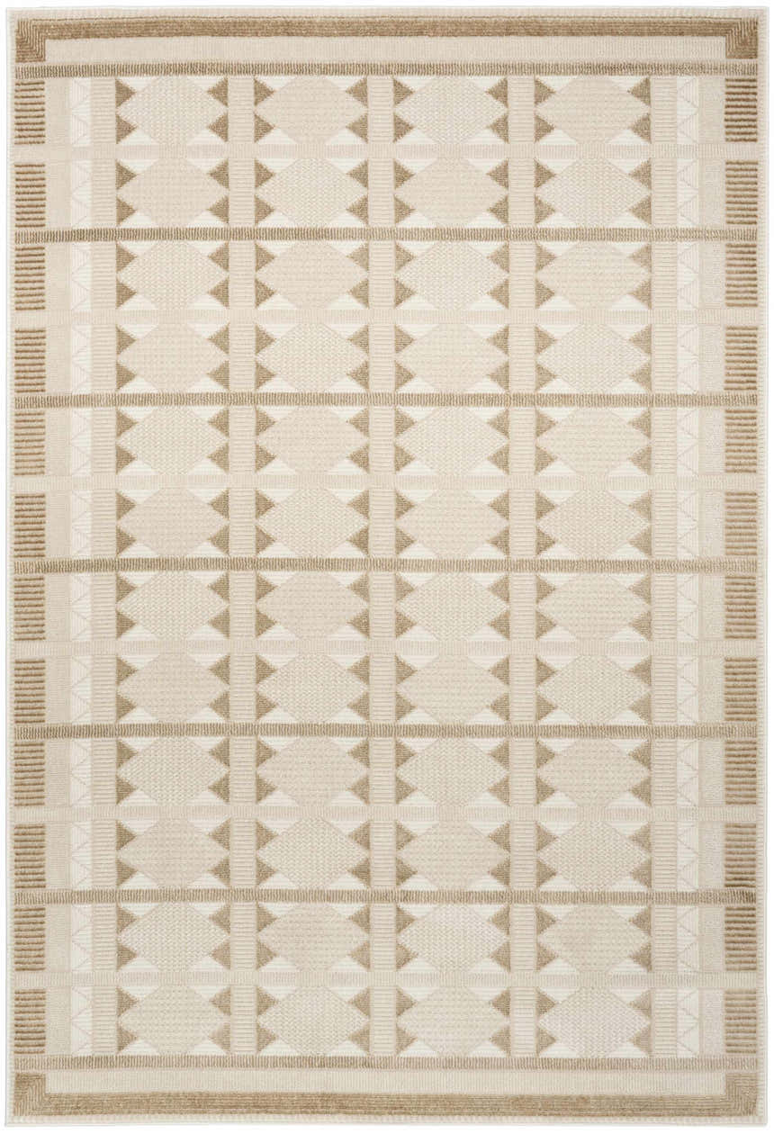 Close-up of Nourison Nordic Taupe rug. Modern ivory rug with geometric diamond and triangle pattern.