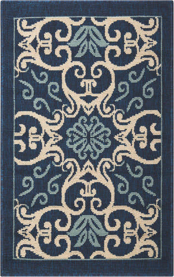Close-up of the Nourison Caribbean Navy Contemporary Area Rug featuring a floral and scroll pattern in navy, cream, and light blue.