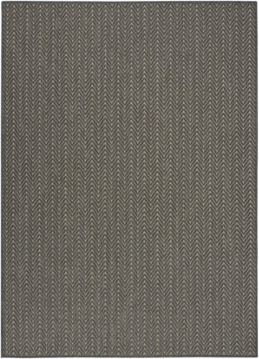 Close-up of the Nourison Horizon Indoor/Outdoor Charcoal Modern Area Rug with a taupe chevron pattern.