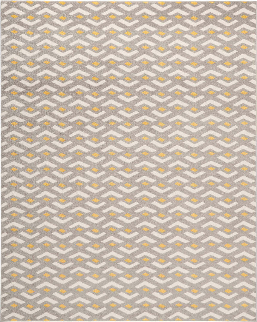 Close-up of the Nourison Harper Grey Colorful Indoor Area Rug. Features a gray, white, and yellow geometric pattern.