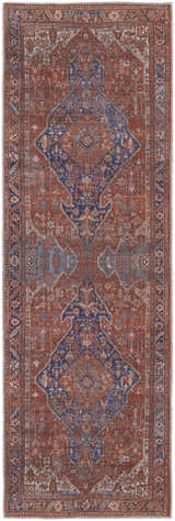 Close-up of the Feizy Rawlins Red/Tan/Blue Washable Area Rug. Intricate geometric medallion design with a vintage, transitional style. Design-Runner