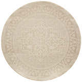 Close-up of a round Nourison Tulum Cream Outdoor Area Rug featuring a geometric pattern and textured pile.