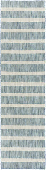 Close-up of Nourison Positano Aqua Ivory rug featuring a striped pattern and textured weave.