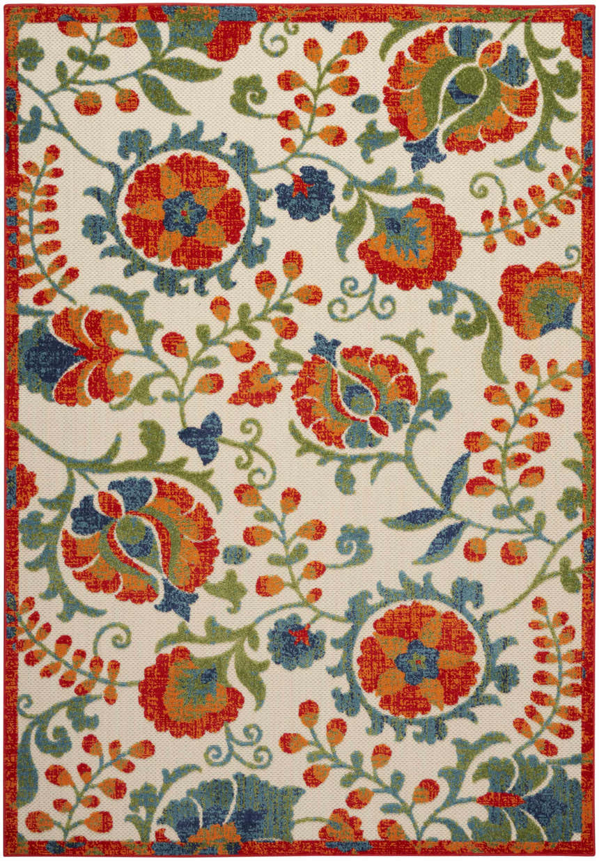 Close-up of Nourison Aloha Red Multicolor Farmhouse Area Rug with floral and vine pattern in red, orange, blue, and green.