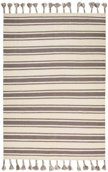 Close-up of the handmade Nourison Rio Vista rug with chestnut stripes and tasseled edges. Wool material.